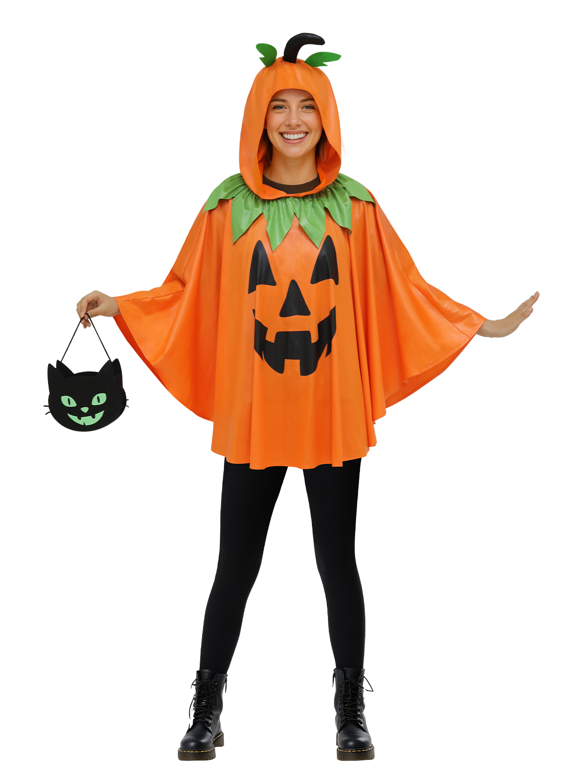 WOMEN PUMPKIN PONCHO HALLOWEEN COSTUME