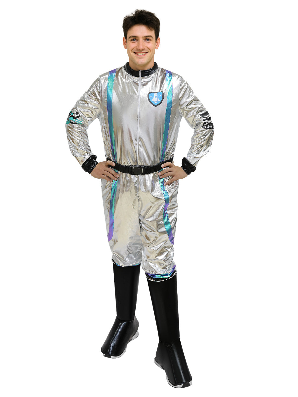 Men's Silver Blue Astronaut Costume, Shiny Space Jumpsuit with Zipper, Sci-Fi Pilot Outfit for Halloween or Cosplay