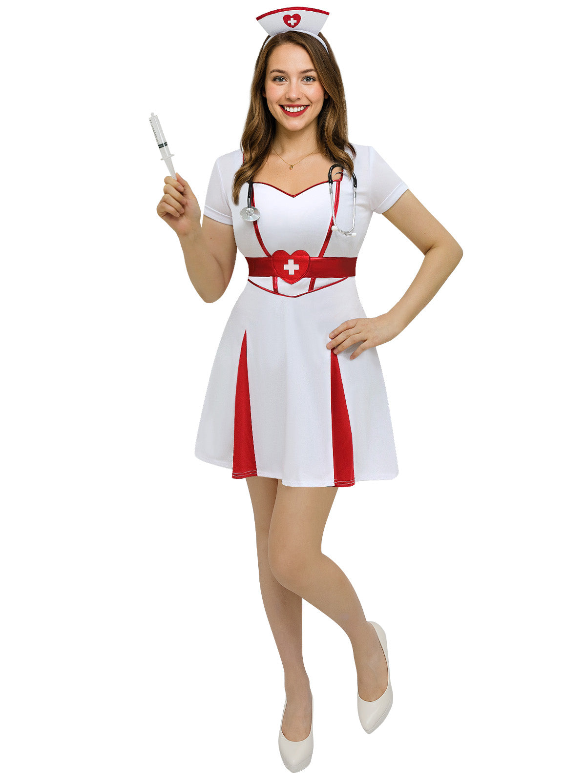 Women’s Nurse Costume Set – Sexy Nurse Dress Outfit with Belt, Headband, Stethoscope & Syringe Props, Halloween Cosplay Lingerie for Adult Party Role Play L