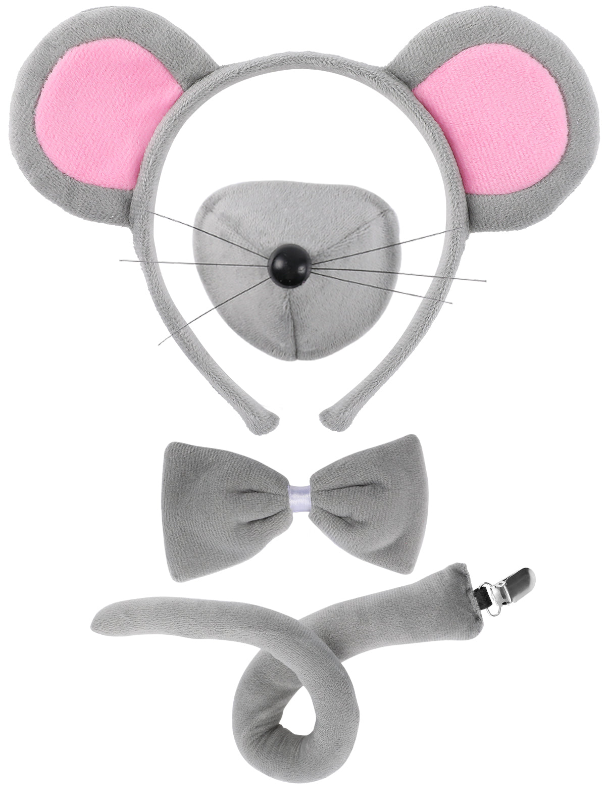 Mouse Costume Set 4 PCS Mouse Ears Headband, Nose, Bow Tie & Tail Kit Grey Animal Accessories for Kids & Adults Halloween Party Cosplay
