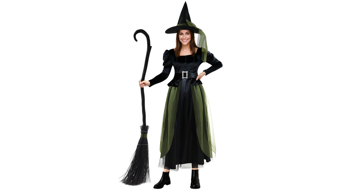 Women Green Witch Costume Long Dress for Halloween, Cool Gothic Floor-Length Gown with Sleeves, Cosplay Party Outfit