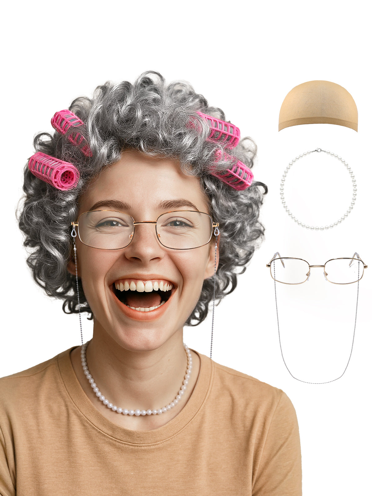 Old Lady Cosplay Wig for Women - Silver Grandma Wigs for Halloween Party Headwear Props Adult Size