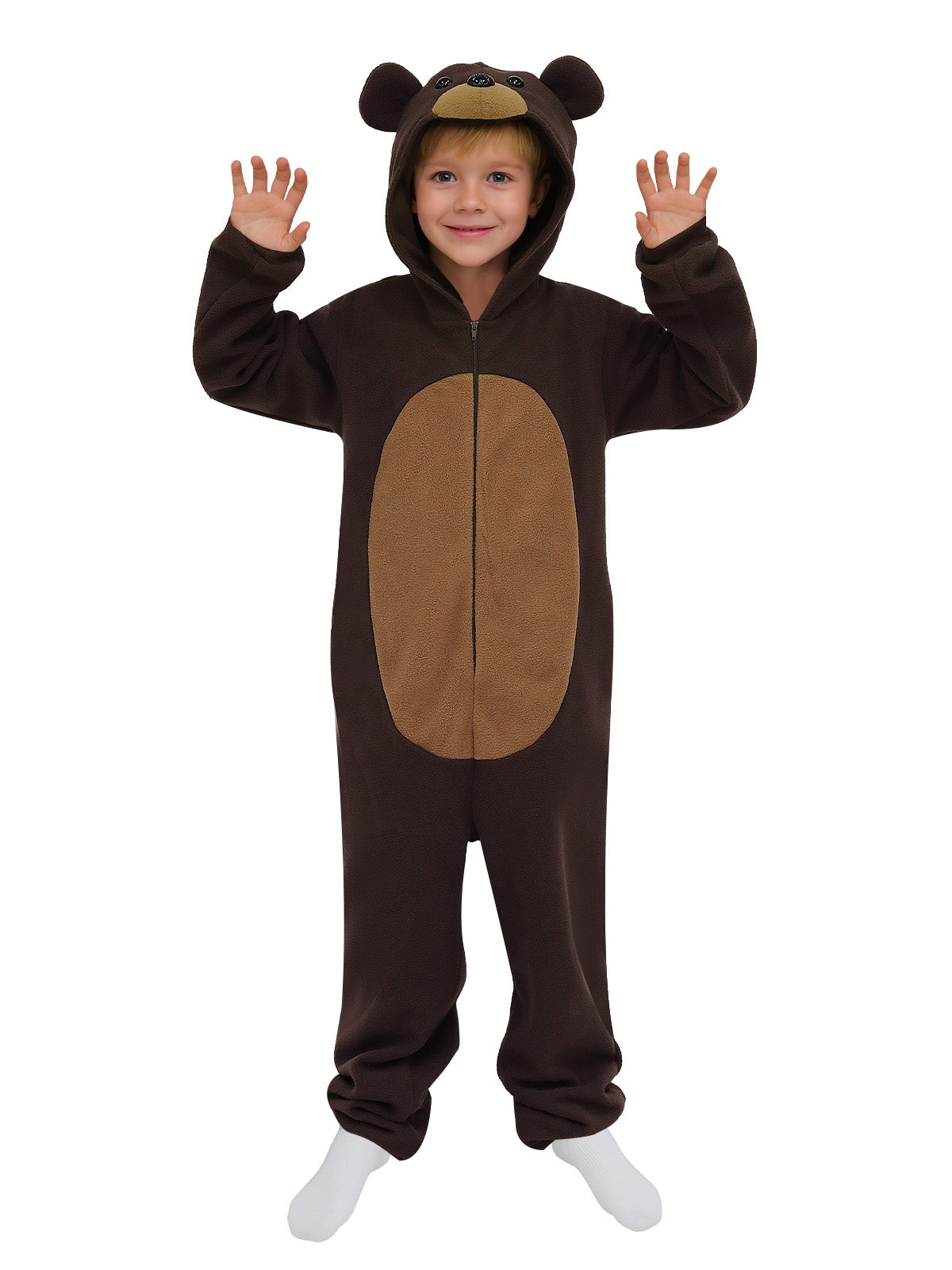 Slim-Fit Brown Bear Onesie – Fleece Hooded Jumpsuit for Halloween, Animal Days & Sleepwear L