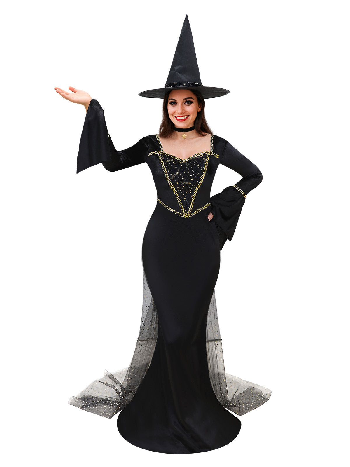 Women's Golden Witch Costume, Shiny Long Dress with Sheer Sleeves for Halloween or Cosplay