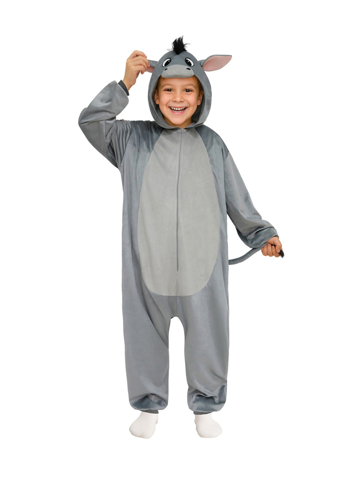 ROC PARTY Kids Hooded Animal Costume - Unisex Halloween Dress-Up Outfit & Cosplay Playwear for Boys & Girls Ages 4-12 (Grey Donkey, 8-10 Years)