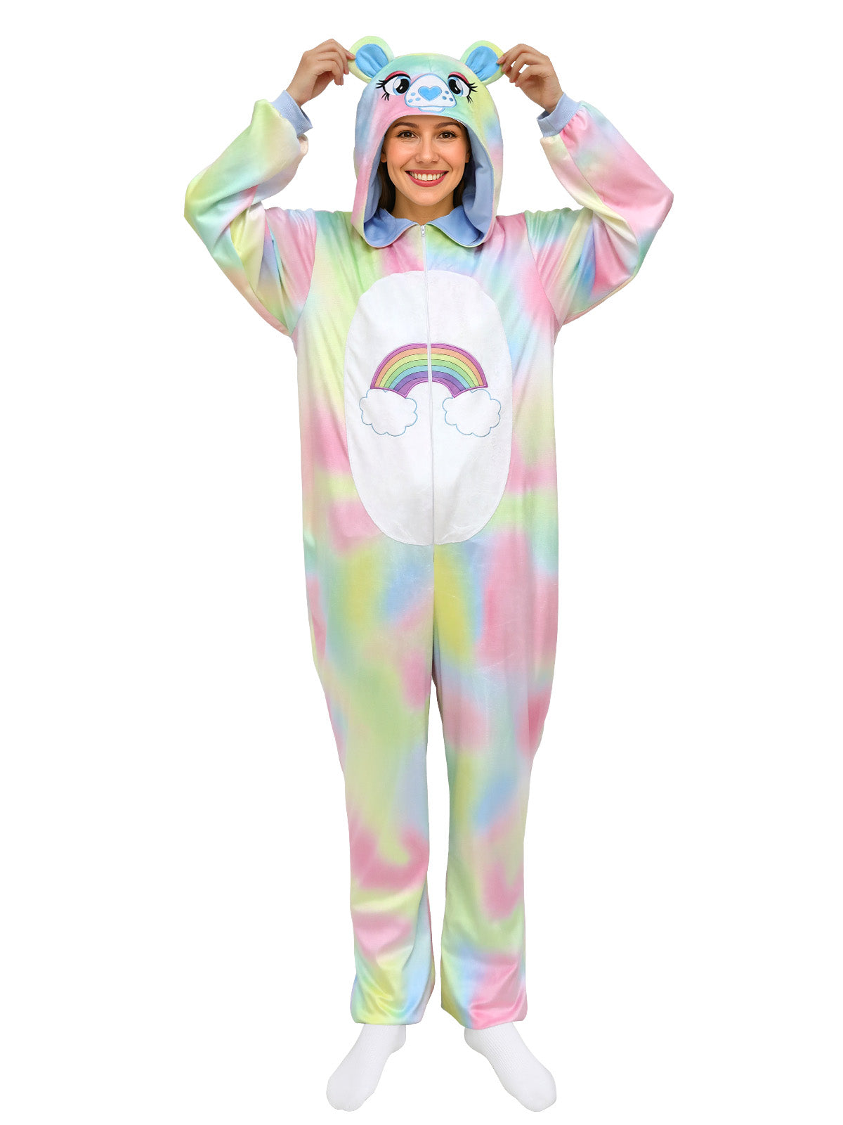 Unisex Adult Rainbow Bear Onesie Costume - Plush 3D Hooded Animal Pajamas for Halloween, Cosplay & Loungewear