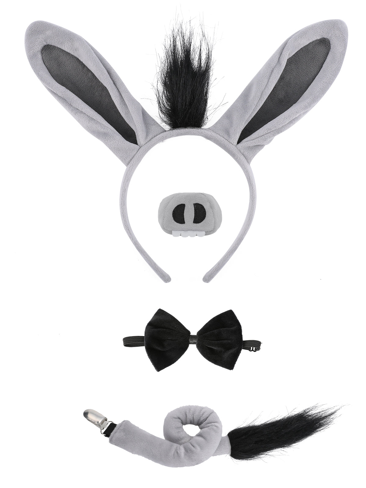 Donkey Ears and Tail Costume Set Halloween Animal Dress-Up Accessories for Kids and Adults Grey