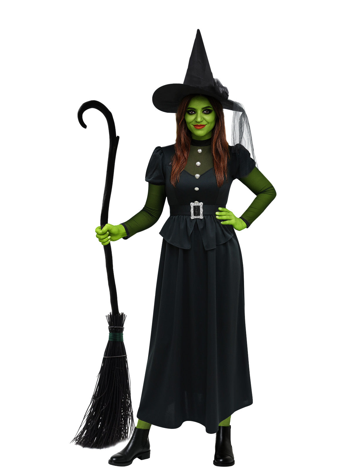 Adult Classic Witch Costume – Long Black Dress with Pointed Hat, Halloween Sorceress Outfit for Women L
