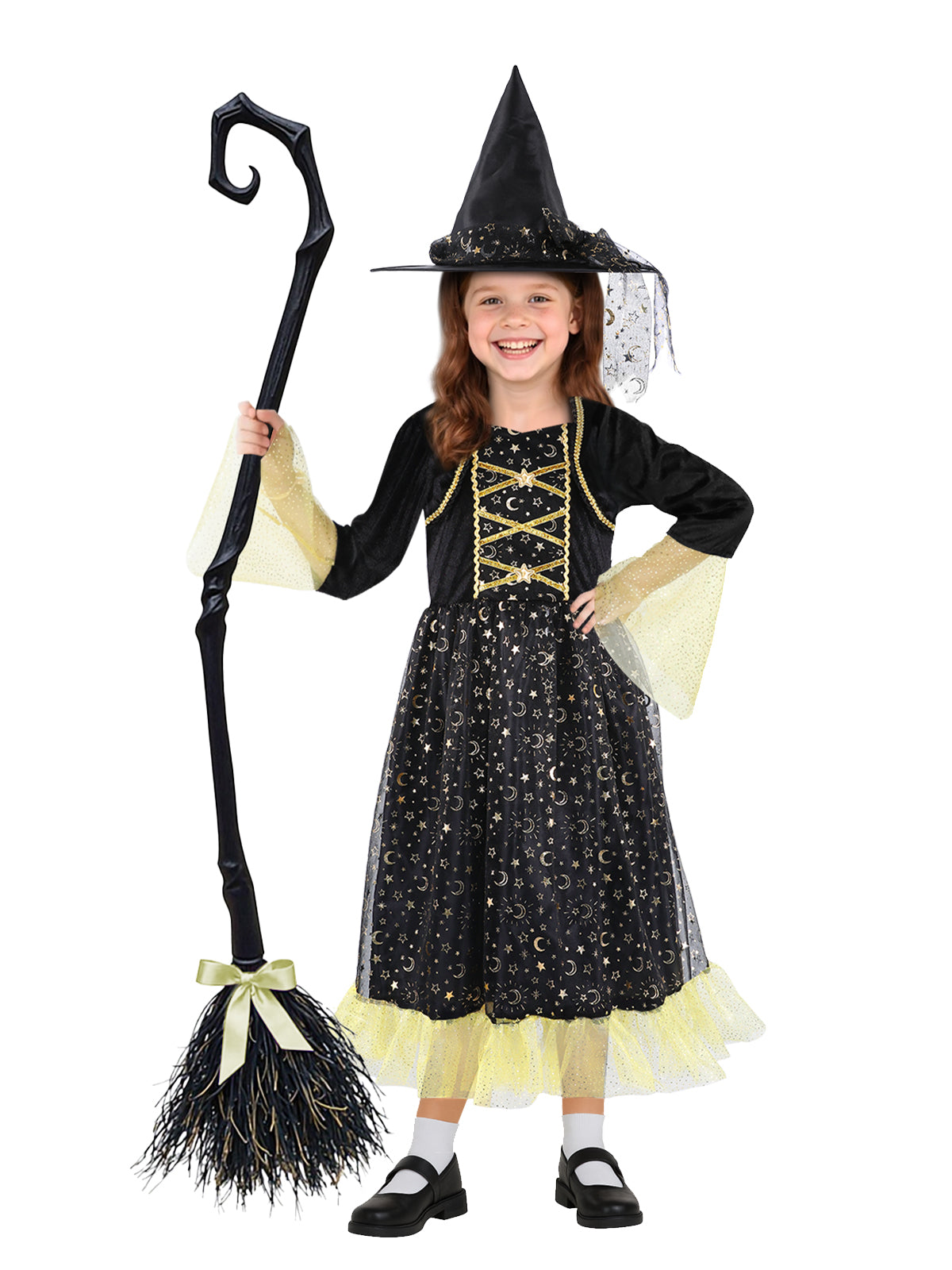 Girls Halloween Star Witch Costume - Black Dress with Star & Moon Pattern & Witches Hat, Cosplay Dress Up