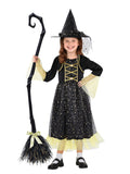 Girls Halloween Star Witch Costume - Black Dress with Star & Moon Pattern & Witches Hat, Cosplay Dress Up
