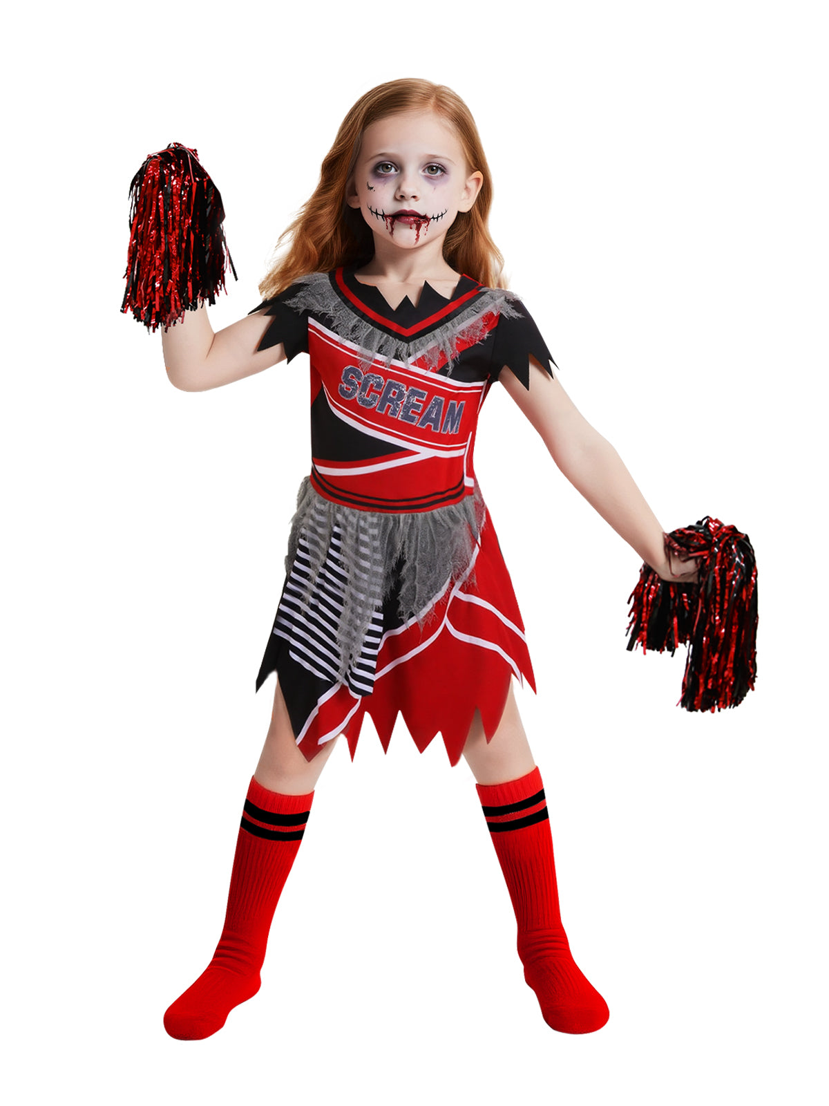 Girls Zombie Cheerleader Costume - Scary Halloween Dress-Up Outfit for Kids, Spiritless Dead Uniform for Halloween