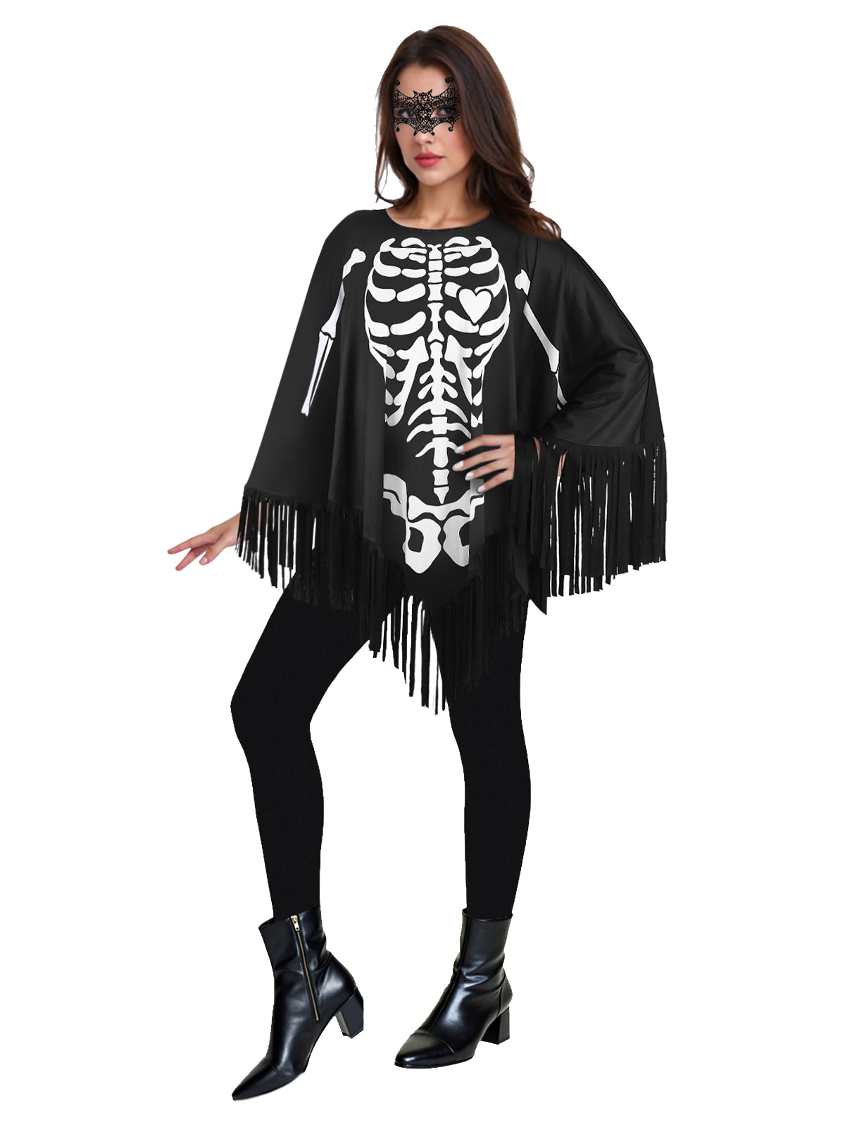 Womens Day of Dead Skeleton & Skull Pattern Poncho for Halloween Costume Outfit