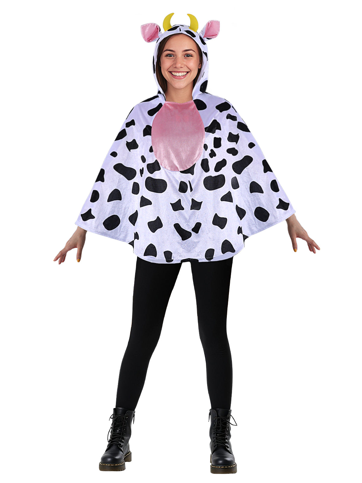 Adult Cow Hooded Cape Costume – Funny Farm Animal Cloak with Ears & Horns, Unisex Dress-Up for Halloween, Cosplay & Party Wear Black and White