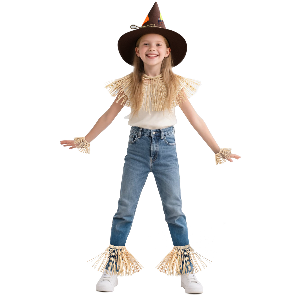 Kids Scarecrow Costume - 6PC Raffia Straw Halloween Set with Hat & Accessories for Boys & Girls, Ideal for Ages 4 to 12