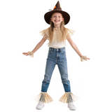 Kids Scarecrow Costume - 6PC Raffia Straw Halloween Set with Hat & Accessories for Boys & Girls, Ideal for Ages 4 to 12