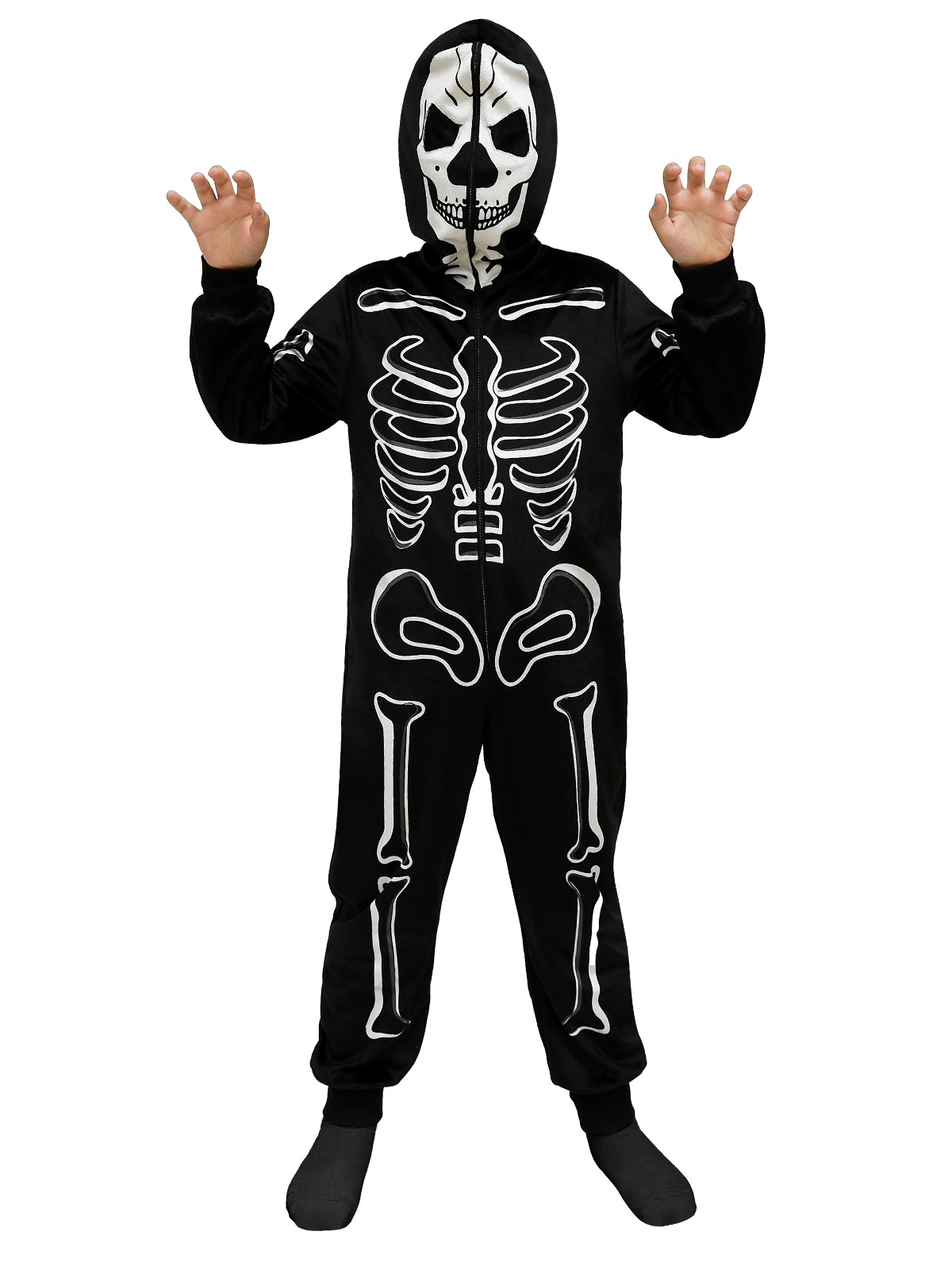 Creepy Skeleton Costume for Kids One-Piece Hooded Halloween Jumpsuit for Boys & Girls Dress-Up