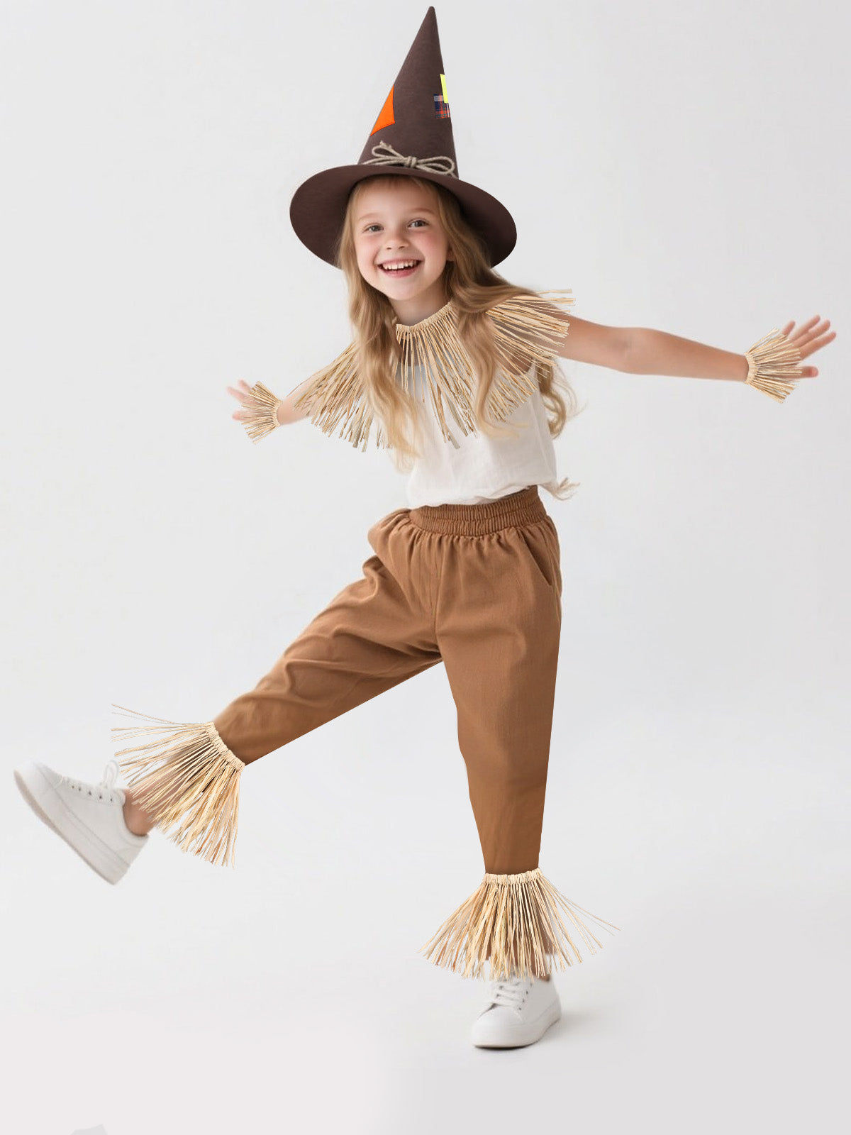 Kids Scarecrow Costume - 6PC Raffia Straw Halloween Set with Hat & Accessories for Boys & Girls, Ideal for Ages 4 to 12