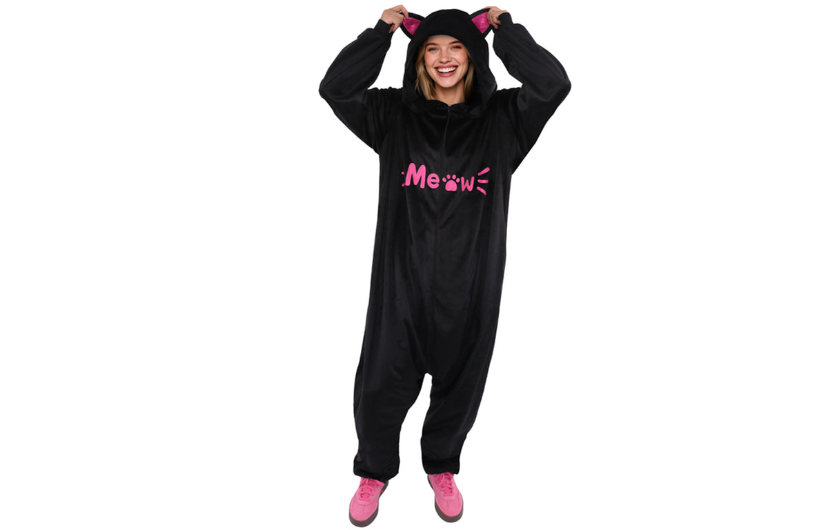 Black Meow Cat Onesie Pajama for Adult - Plush Animal One-Piece Costume Sleepwear for Halloween & Cosplay Party