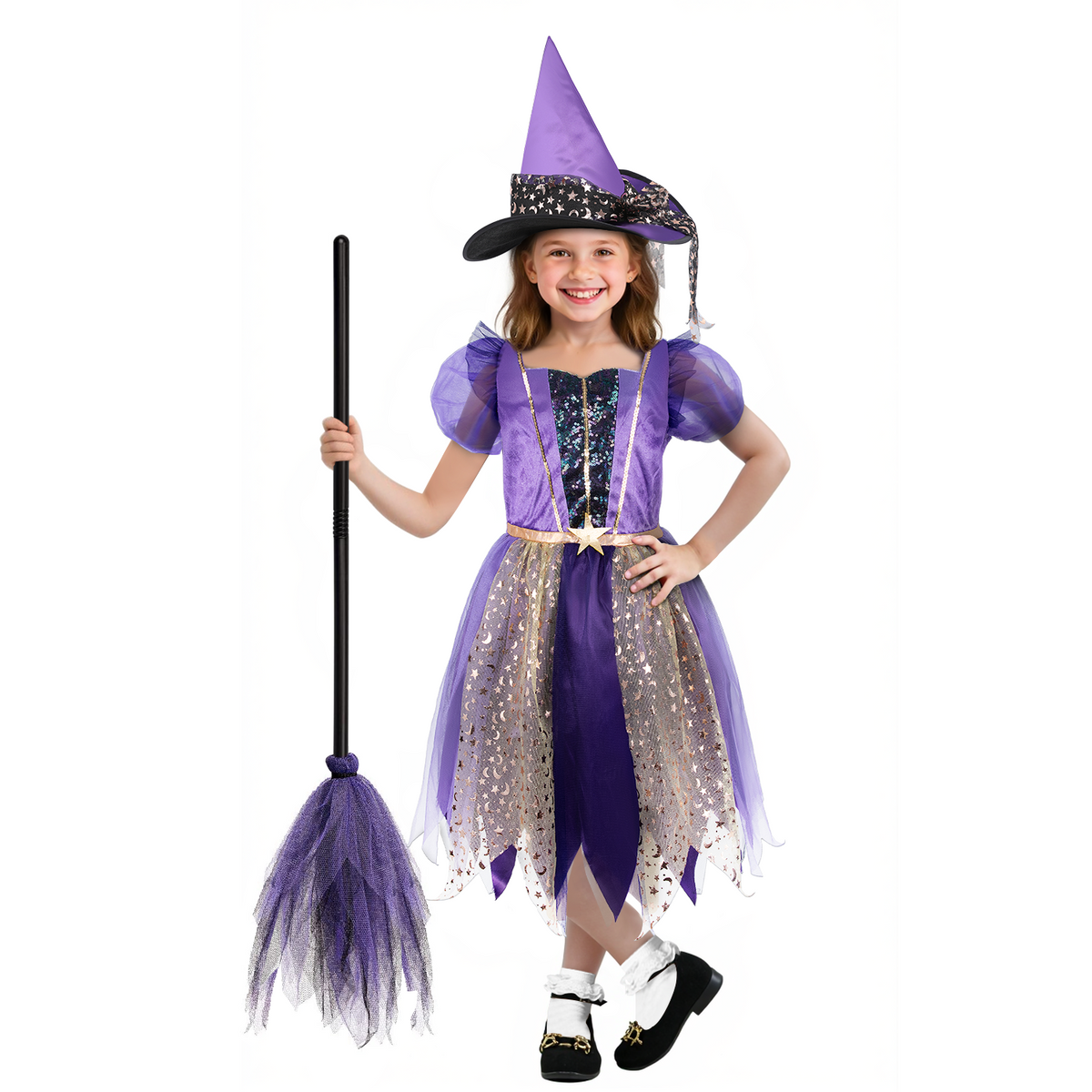 Elegant Witch Costume for Gril - Gothic Dress with Pointed Hat, Halloween Party Outfit for kids & Teens, Black Victorian Style L
