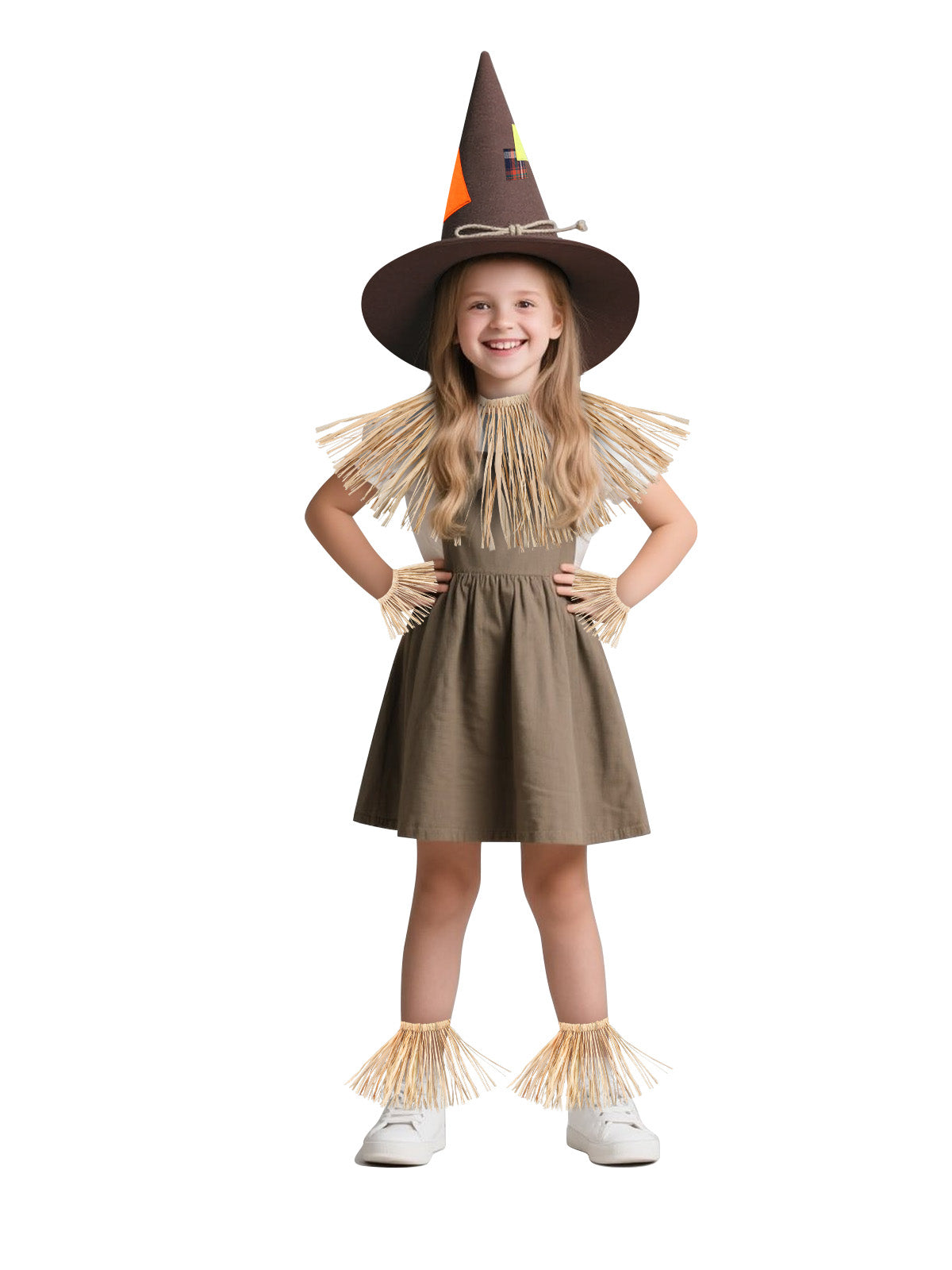 Kids Scarecrow Costume - 6PC Raffia Straw Halloween Set with Hat & Accessories for Boys & Girls, Ideal for Ages 4 to 12