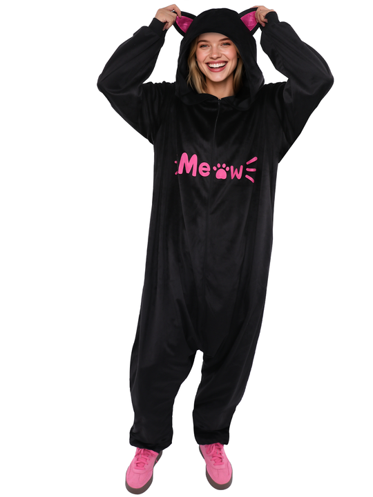Black Meow Cat Onesie Pajama for Adult - Plush Animal One-Piece Costume Sleepwear for Halloween & Cosplay Party