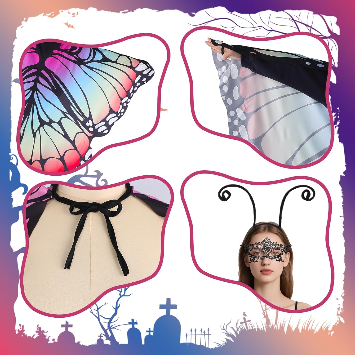 Butterfly Costume for Women - Fairy Wings, Headband & Mask Set for Halloween, Cosplay, Festivals & Photo Shoots