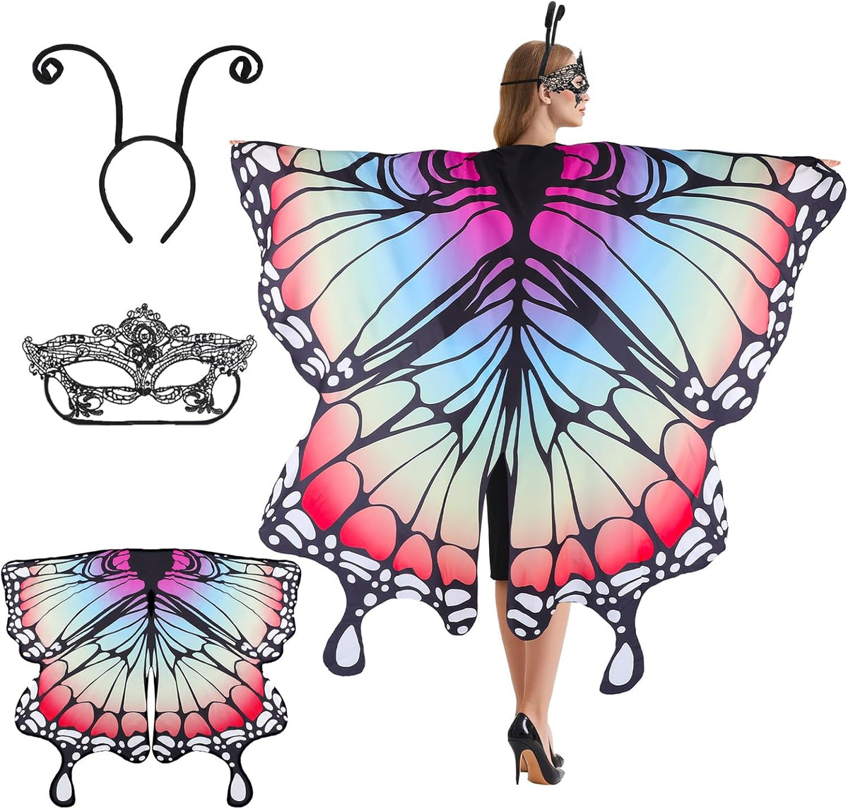 Butterfly Costume for Women - Fairy Wings, Headband & Mask Set for Halloween, Cosplay, Festivals & Photo Shoots
