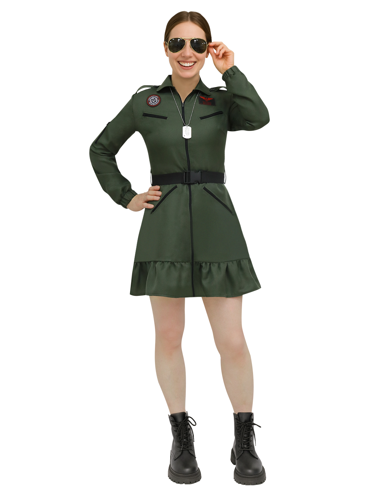 Fighter Pilot Costume for Women - Military Aviator Dress with Sunglasses, Dog Tag & Belt, Halloween Cosplay Outfit