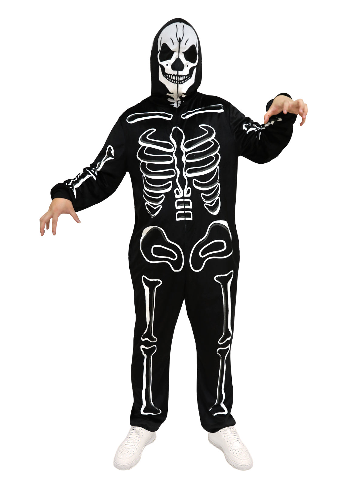 Skeleton Onesie Costume for Unisex Adults Fleece Hooded Pajama Jumpsuit for Halloween Family Dress-Up