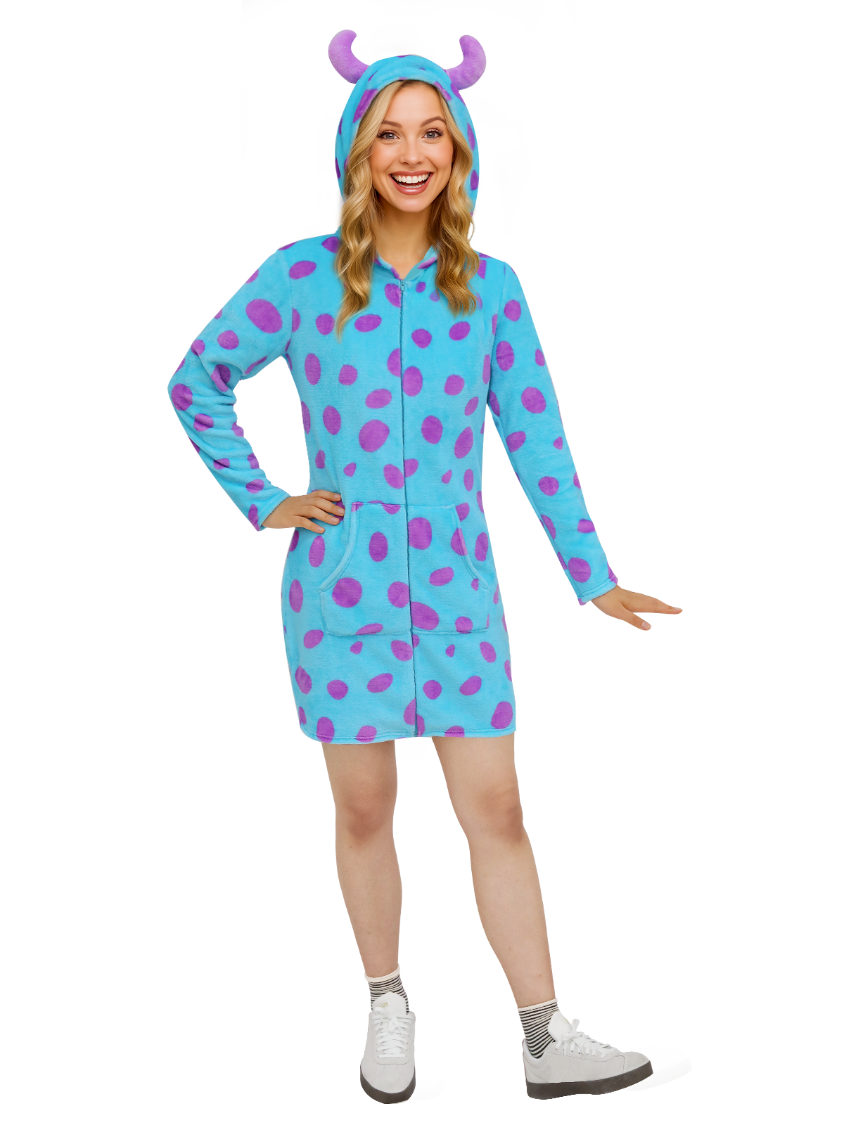 Monster Hoodie Costume Dress for Women - Plush Halloween Pajama Outfit (Blue & Purple Polka Dot)