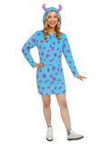 Monster Hoodie Costume Dress for Women - Plush Halloween Pajama Outfit (Blue & Purple Polka Dot)