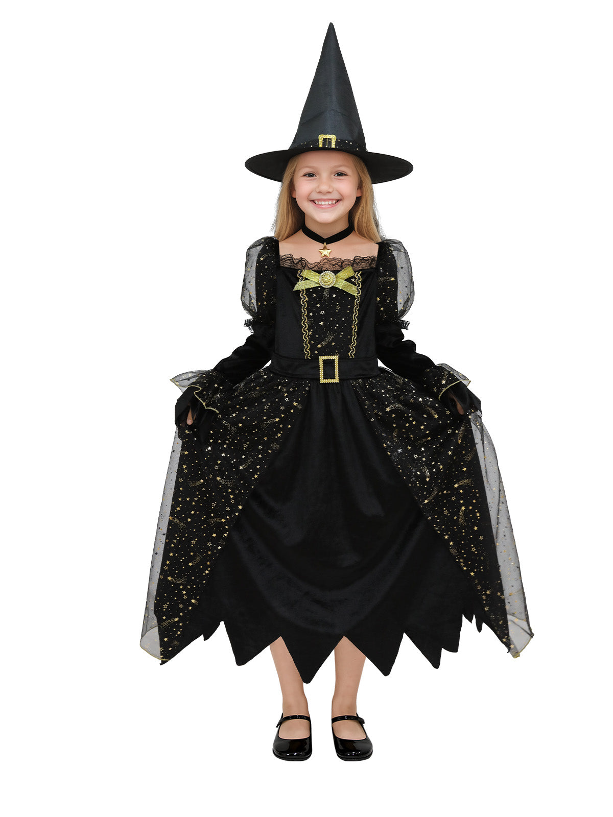 ROC PARTY Kids Witch Costume for Girls - Witches Dress with Hat & Accessories for Halloween, Cosplay, or Themed Parties (Golden Hour Witch, 7-8 Years)