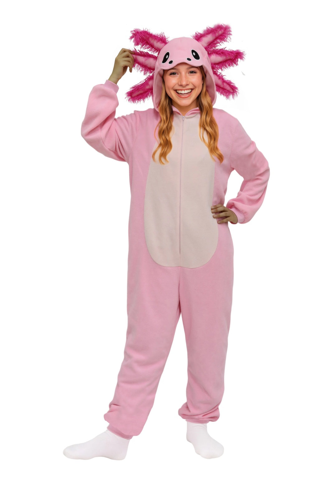 Adult Slim-Fit Salamander Costume Onesie Pink – Fleece Hooded Jumpsuit for Halloween, Nature Themes & Pajama Parties L