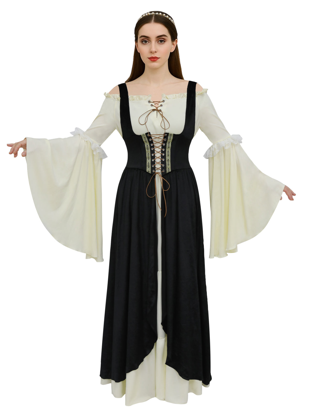 Women's Renaissance Costume Set,Plus Size Off-Shoulder Gothic Gown w/Lace Sleeves for Halloween, Irish & Medieval Fairs