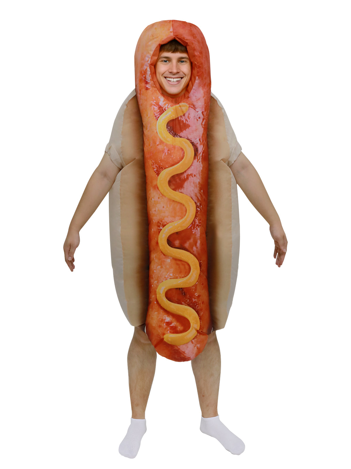 Adult Inflatable Hot Dog Costume – Funny Food-Themed Blow-Up Suit with Fan for Halloween, BBQs & Party Fun Size L XL