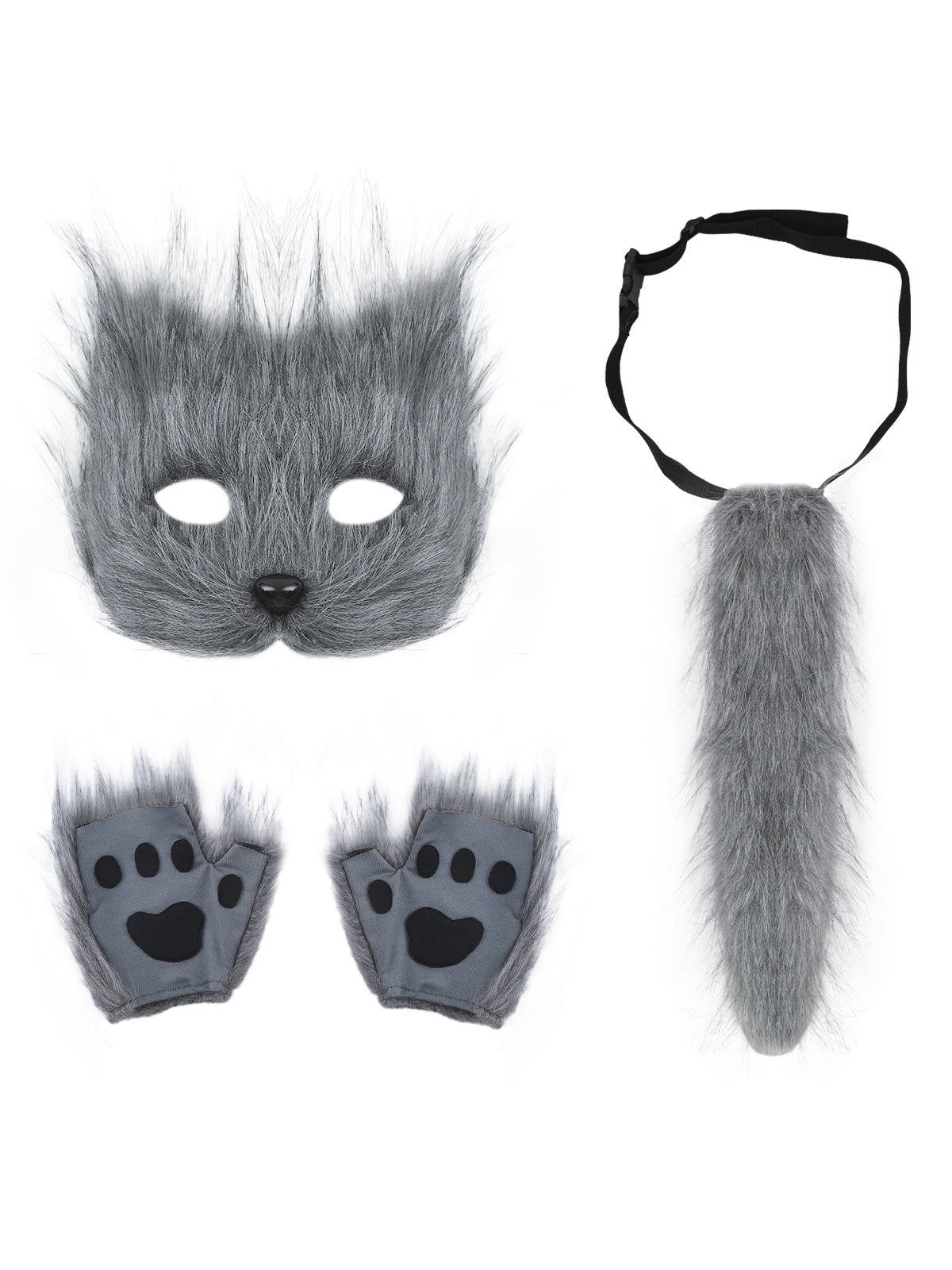 Faux Fur Cat Tail Plush Mask Fluffy Paw Gloves Accessory Set
