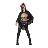 Womens Day of Dead Skeleton & Skull Pattern Poncho for Halloween Costume Outfit