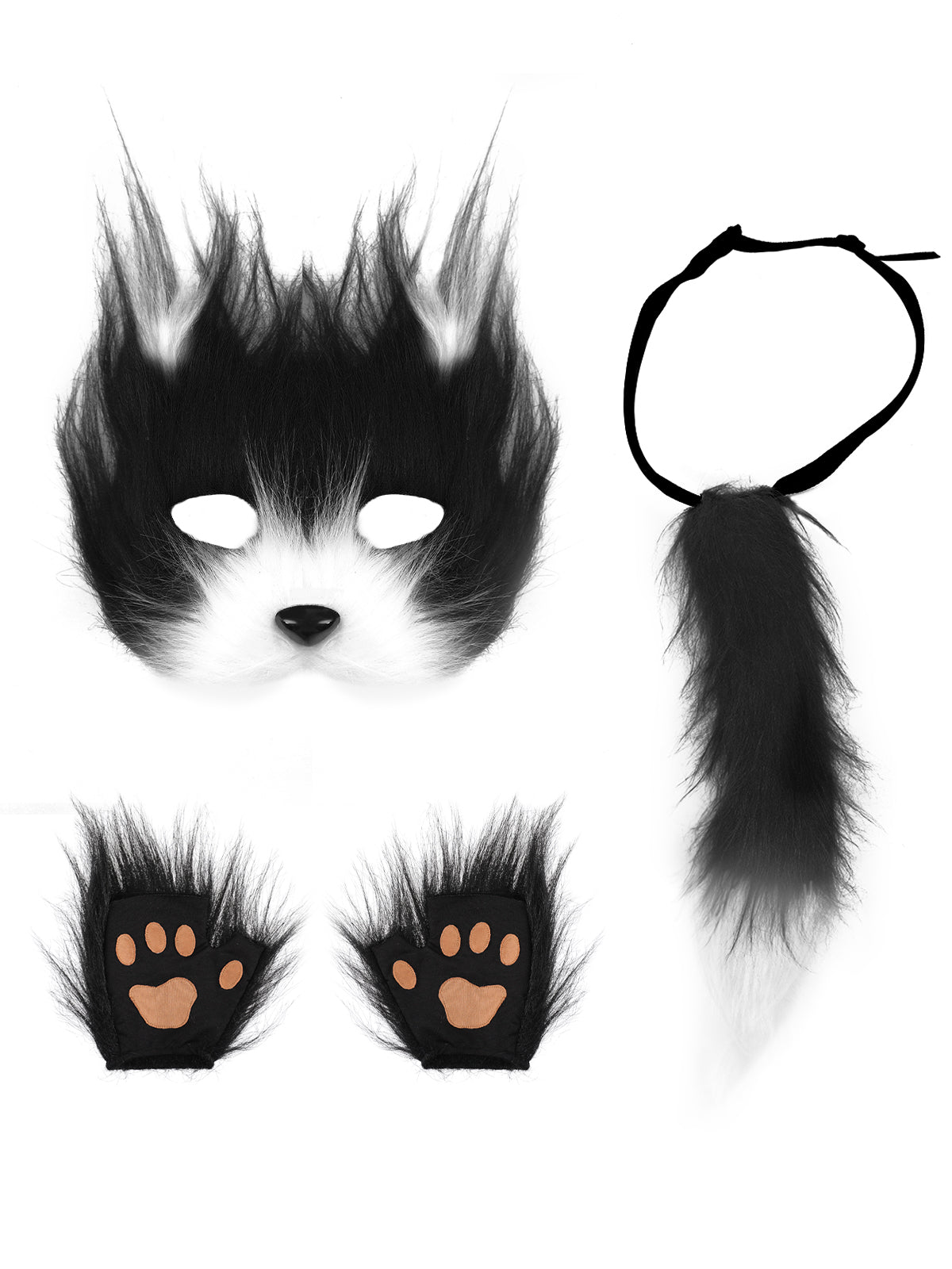 Faux Fur Cat Tail Plush Mask Fluffy Paw Gloves Accessory Set