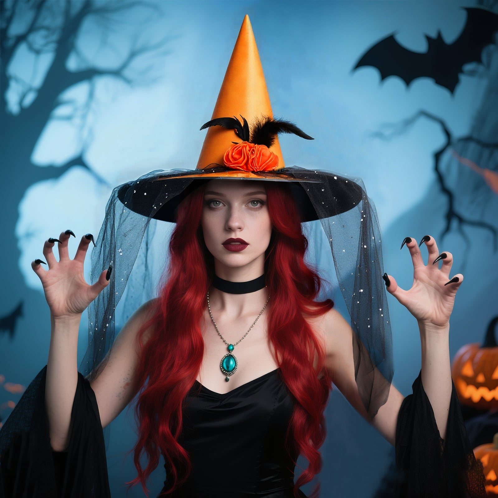 Witch Hat with Veil for Holloween Costume