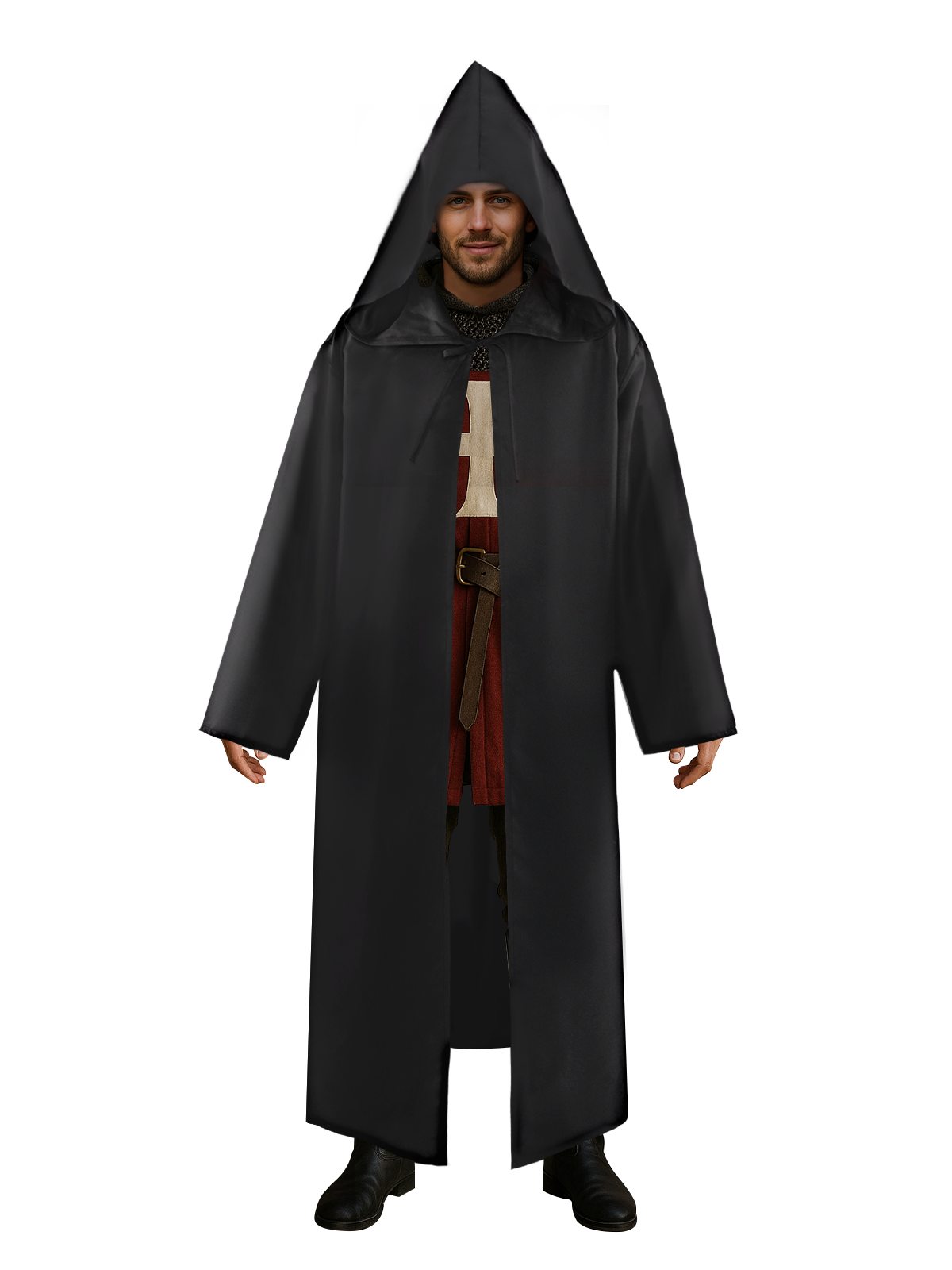 Men's Knight Robe Costume with Hood, Medieval Long Cloak for Halloween or Renaissance Cosplay