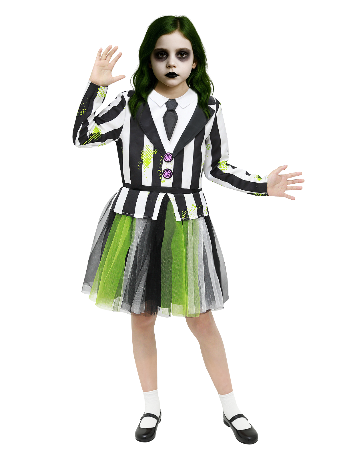 Gothic Striped Costume for Girls - Scary Halloween Outfit for Spooky Cosplay Dress Up