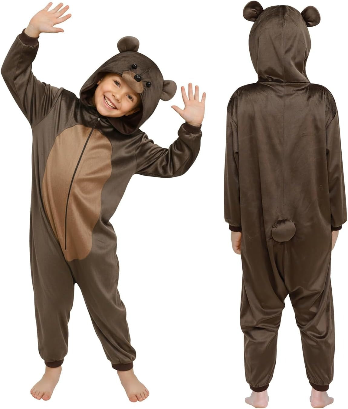 ROC PARTY Hooded Animal Costume for Kids 4-12 - Unisex Halloween Animal Dress-Up Outfit & Cosplay Playwear for Boys & Girls (Brown Teddy Bear, 8-10 Years)