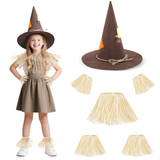 Kids Scarecrow Costume - 6PC Raffia Straw Halloween Set with Hat & Accessories for Boys & Girls, Ideal for Ages 4 to 12